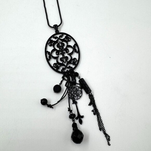 Black Goth Pendant Necklace With Dangling Charms & Beads On 34" Rope Chain - Picture 3 of 8